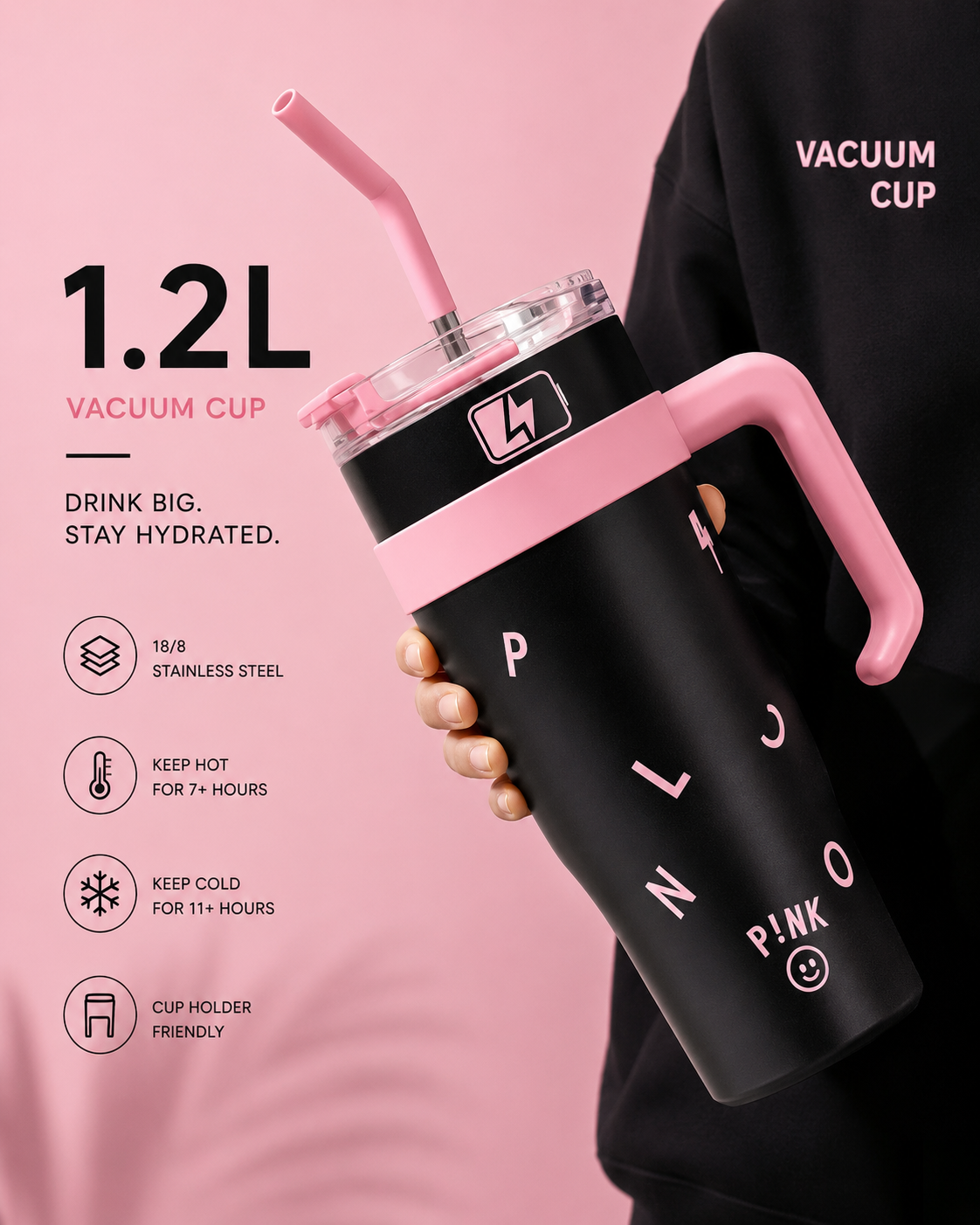 Tumbler with Handle, Tumbler with Straw and Lid, Stainless Steel Vacuum Travel Coffee Mug Cup (Black)