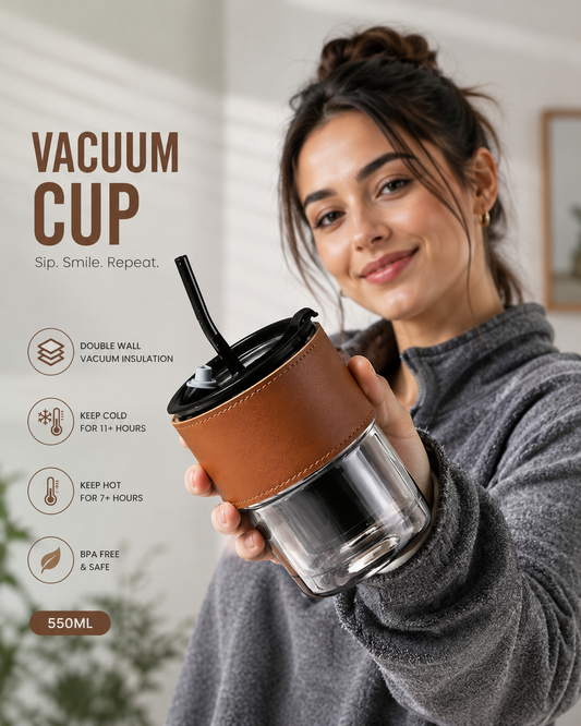Premium Glass Tumbler with Steel Straw & Leather Sleeve – Reusable Cold Drink Cup (450ml)