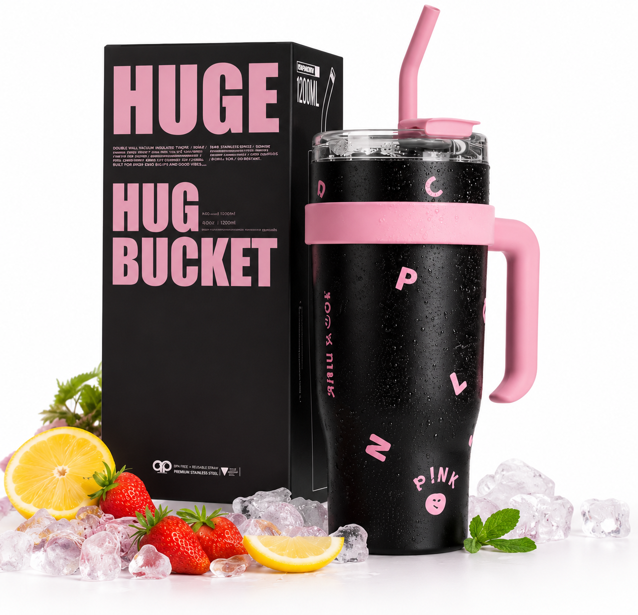 Tumbler with Handle, Tumbler with Straw and Lid, Stainless Steel Vacuum Travel Coffee Mug Cup (Black)