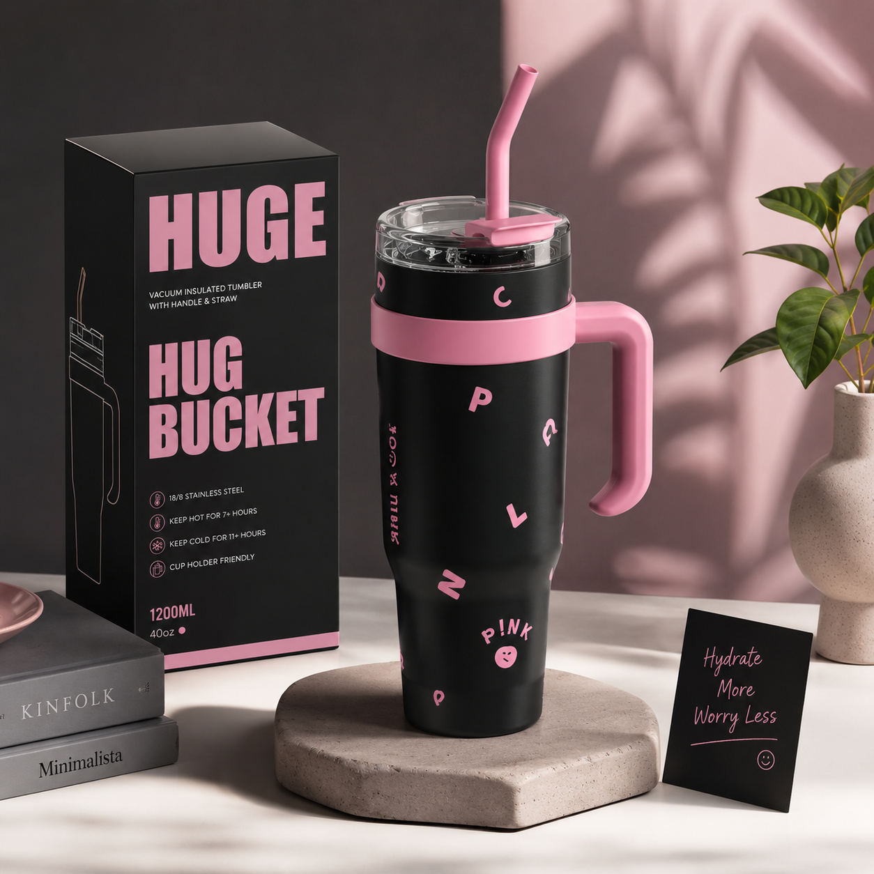 Tumbler with Handle, Tumbler with Straw and Lid, Stainless Steel Vacuum Travel Coffee Mug Cup (Black)