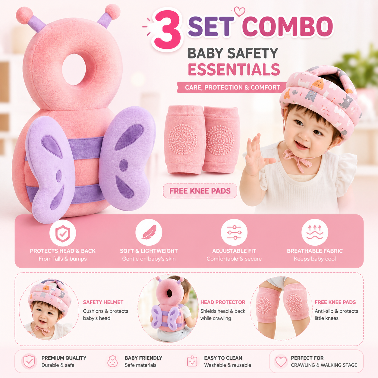 TinySteps Baby Head protector and Helmet with Free knees pad SET -3