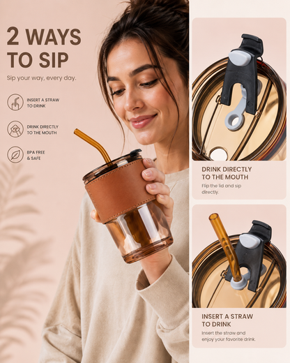 Premium Glass Tumbler with Steel Straw & Leather Sleeve – Reusable Cold Drink Cup (450ml)