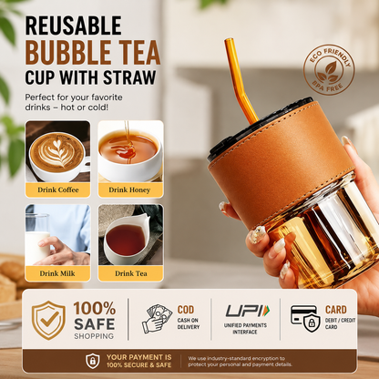 Premium Glass Tumbler with Steel Straw & Leather Sleeve – Reusable Cold Drink Cup (450ml)