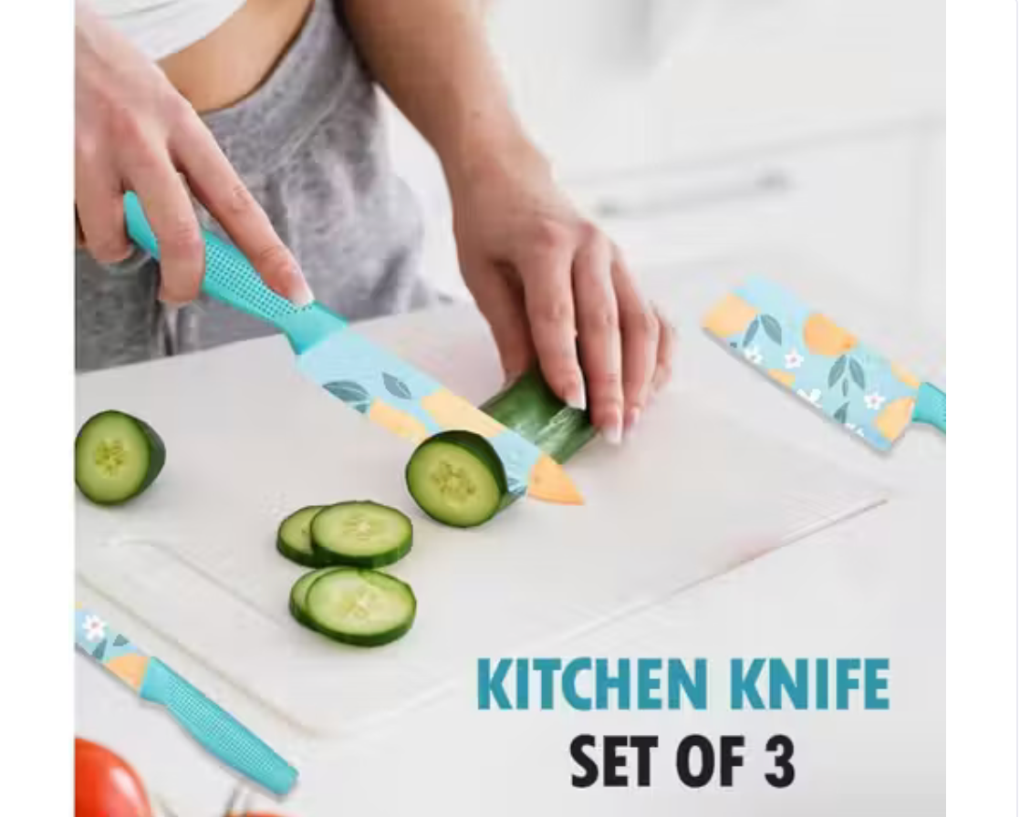 Stainless Steel 3 Pieces Professional Kitchen Knife Set/Meat Knife/Chef Knife with Non-Slip Handle Sharp Manual Sharpening for Home Kitchen/High Carbon Stainless Steel Knife Red Set(Blue)